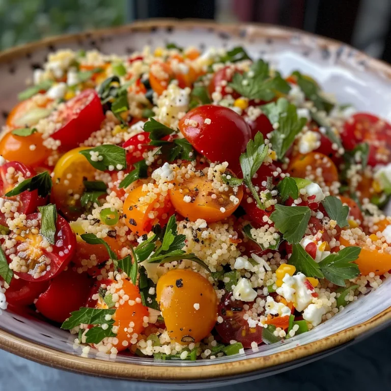 Nahaufnahme eines frischen Couscous Salats mit buntem Gemüse und Feta.