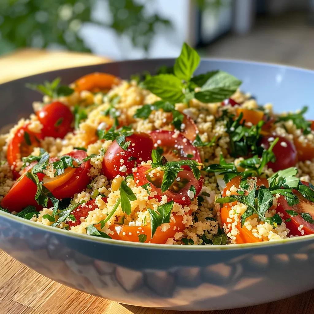 Seitenansicht eines mediterranen Couscous Salats, reich an frischen Zutaten.