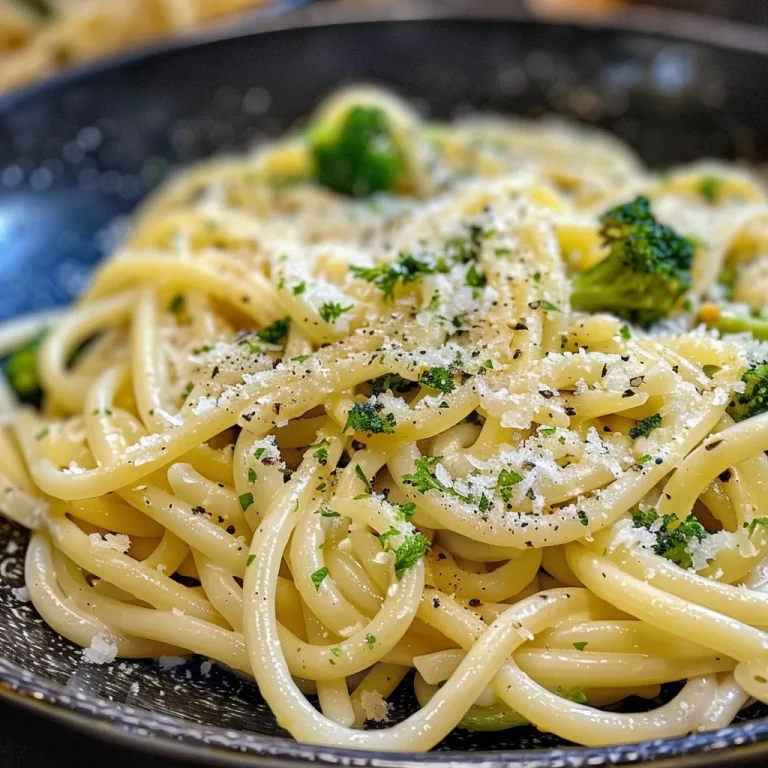 Nahaufnahme von cremiger Brokkoli-Pasta mit Spaghetti auf einem Teller.