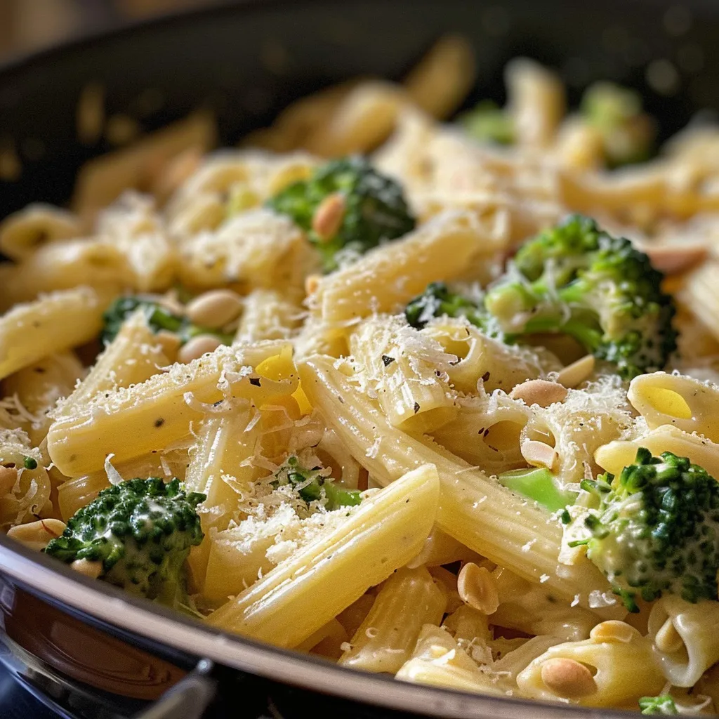 Seiteansicht von einer Portion cremiger Brokkoli-Pasta, verziert mit Pinienkernen.