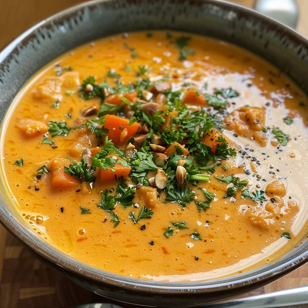 Seiteansicht einer Schüssel mit cremiger Karotten-Ingwer-Suppe, garniert mit frischen Kräutern.