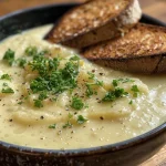 Nahaufnahme einer cremigen Maissuppe in einer Schüssel.