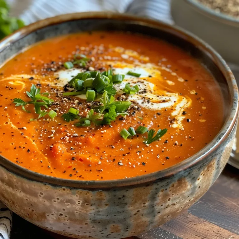 Samtige Paprika-Suppe: Einfach, Lecker und Voller Farbe Nahaufnahme einer cremigen Paprika-Suppe in einer Schüssel.