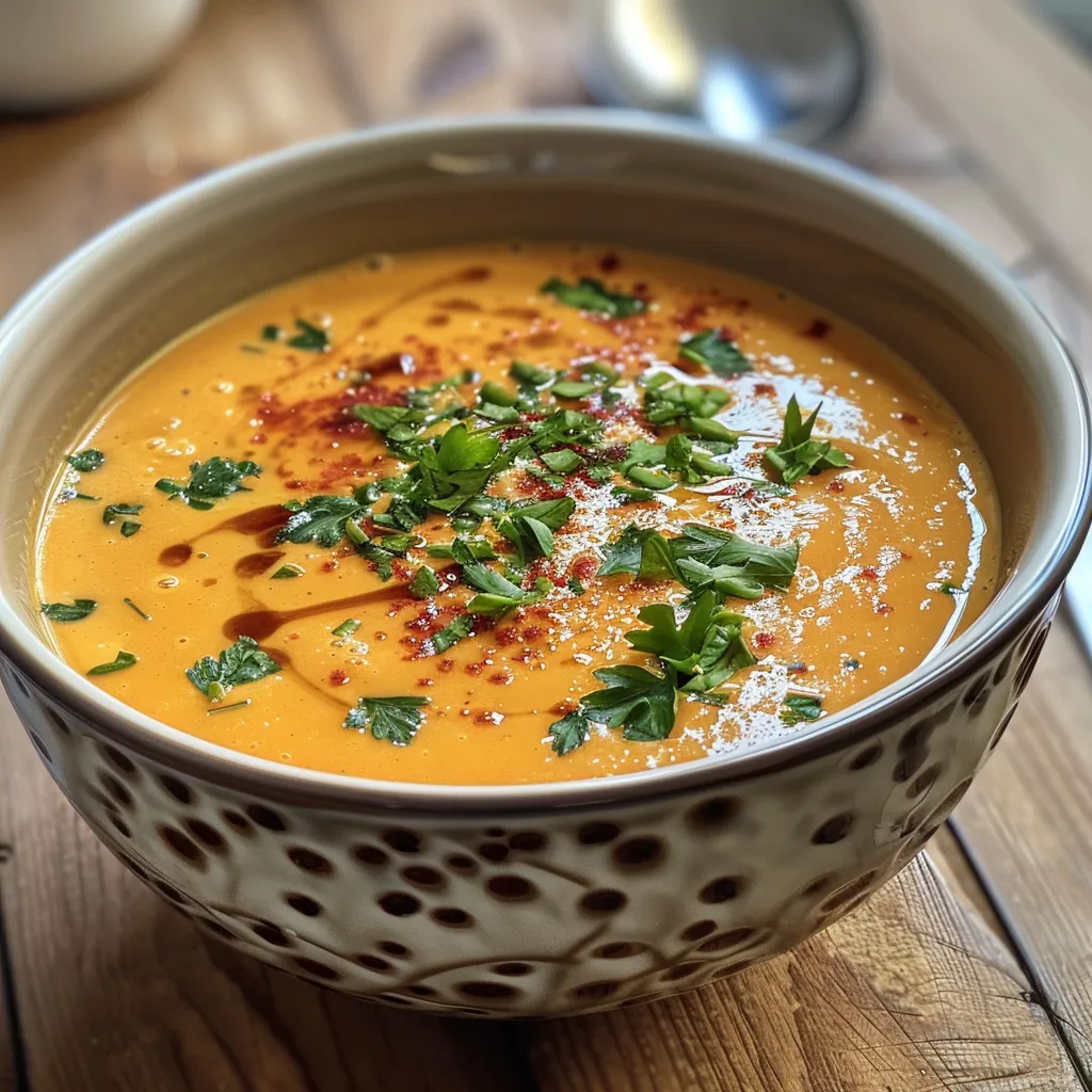 Seiteansicht einer köstlichen Paprika-Suppe, garniert mit frischen Kräutern.