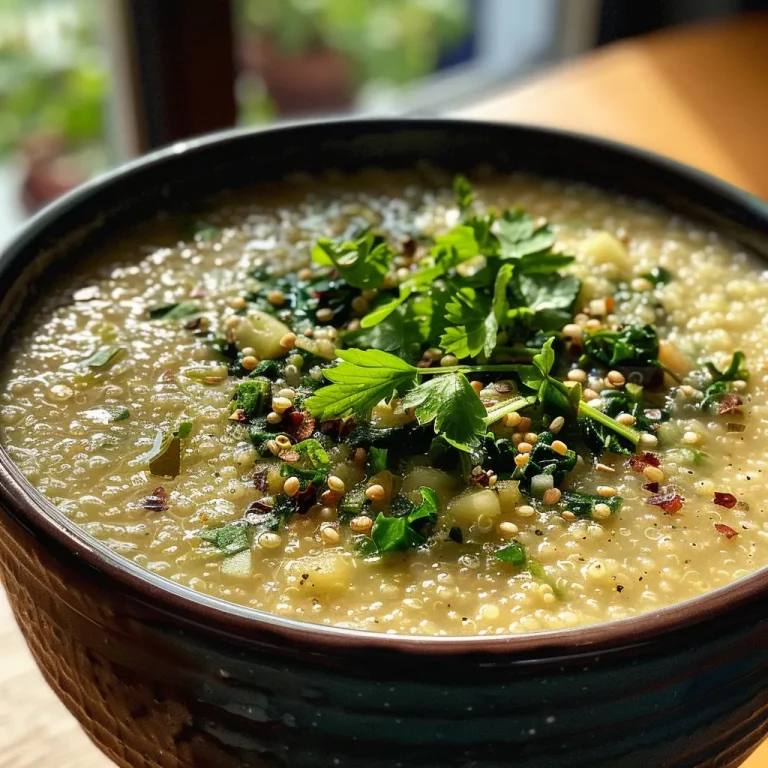 Cremige Quinoa Suppe mit frischem Spinat und weißen Bohnen in einer Schüssel.