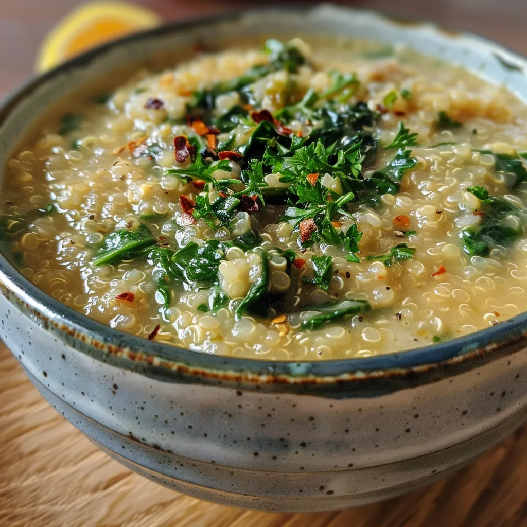 Nahaufnahme einer appetitlich angerichteten Quinoa Suppe mit Gemüse.