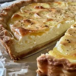 Nahaufnahme einer Cremigen Zitronen-Ricotta-Tarte von der Seite.