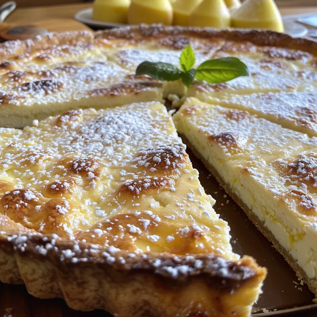 Seiteansicht einer reichhaltigen Zitronen-Ricotta-Tarte auf einem Teller.