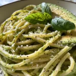 Nahaufnahme von cremiger Avocado-Pasta in einer Schüssel.