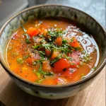 Nahaufnahme einer cremigen Tomatensuppe mit frischen Basilikumblättern.