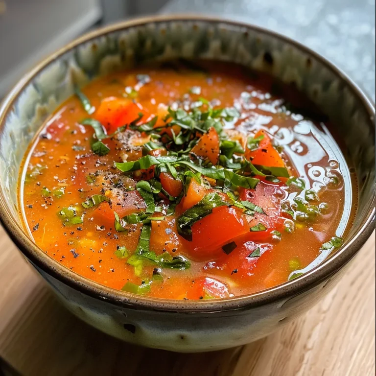 Nahaufnahme einer cremigen Tomatensuppe mit frischen Basilikumblättern.