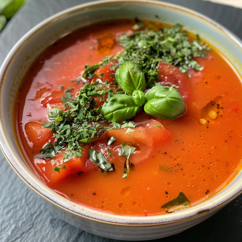 Seiteansicht einer warmen, roten Cremigen Tomaten Basilikum Suppe in einer Schüssel.