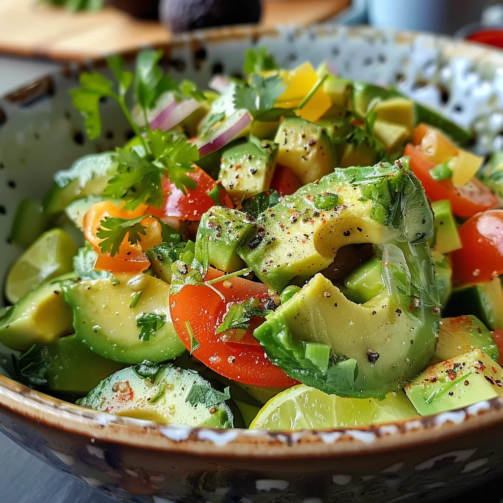 Seiteansicht eines bunten Gurken-Avocado-Salats mit Zutaten.
