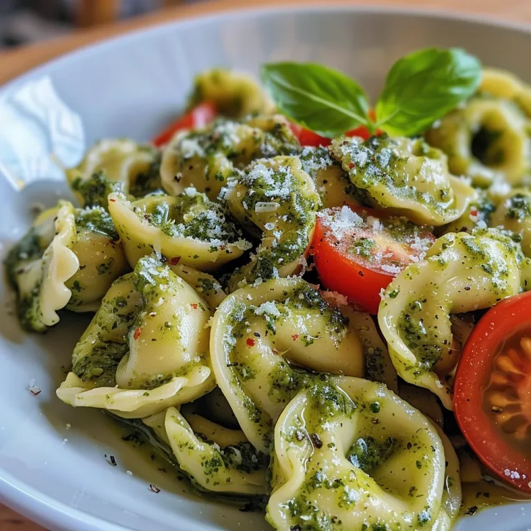 Cremiger Pesto-Tortellini-Salat mit frischen Zutaten im Vordergrund.