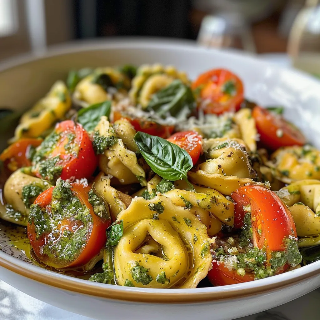 Nahaufnahme eines bunten Tortellini-Salats mit Pesto und Gemüse.