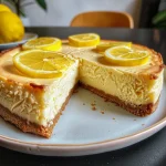 Cremiger Zitronen Cheesecake mit goldbraunem Keksboden von der Seite.