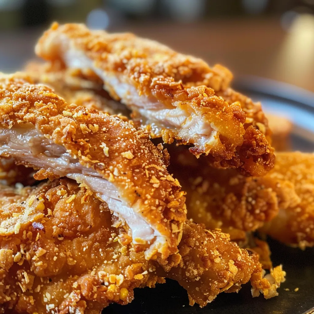 Seiteansicht eines saftigen, goldbraunen Hähnchens mit Panade.