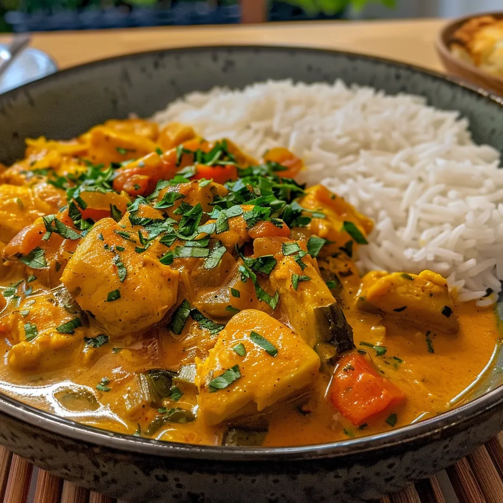 Seiteansicht einer gemischten Gemüse-Curry-Reis-Pfanne.