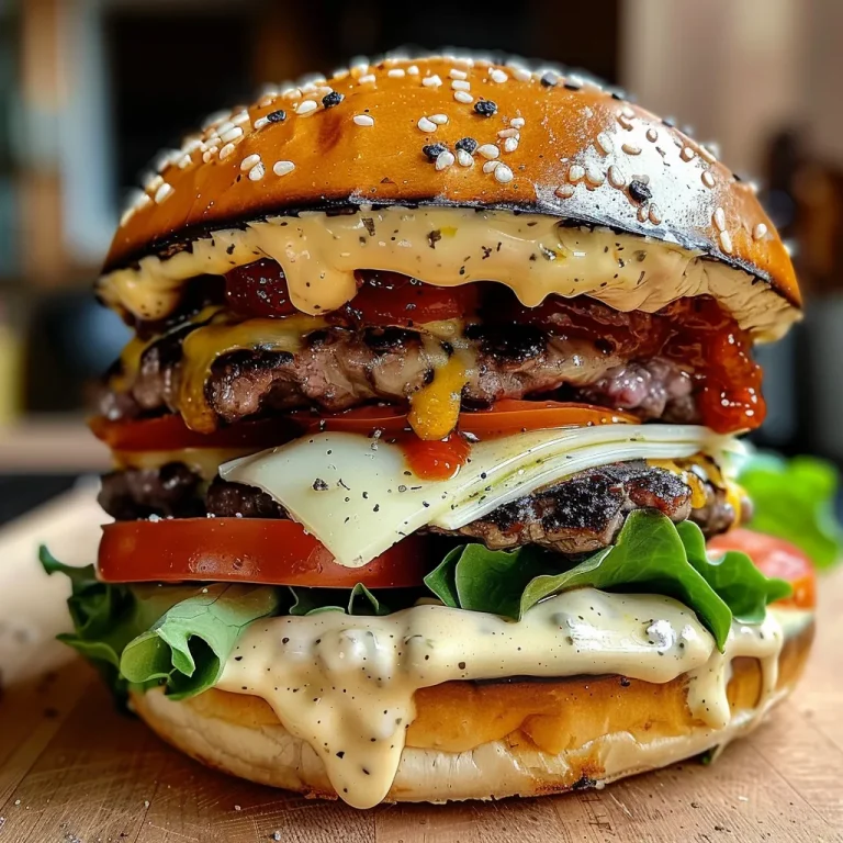 Saftiger Doppelt Käse Smash Burger, seitlich aufgenommen, mit geschmolzenem Käse und frischen Zutaten.