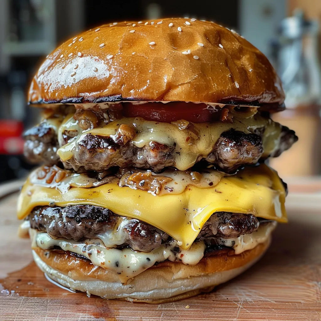 Nahe Ansicht eines Doppelt Käse Smash Burgers, der üppig mit Käse und Gemüse belegt ist.