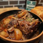 Nahaufnahme von saftigem Effiloché de Bœuf en Cocotte mit BBQ-Sauce.