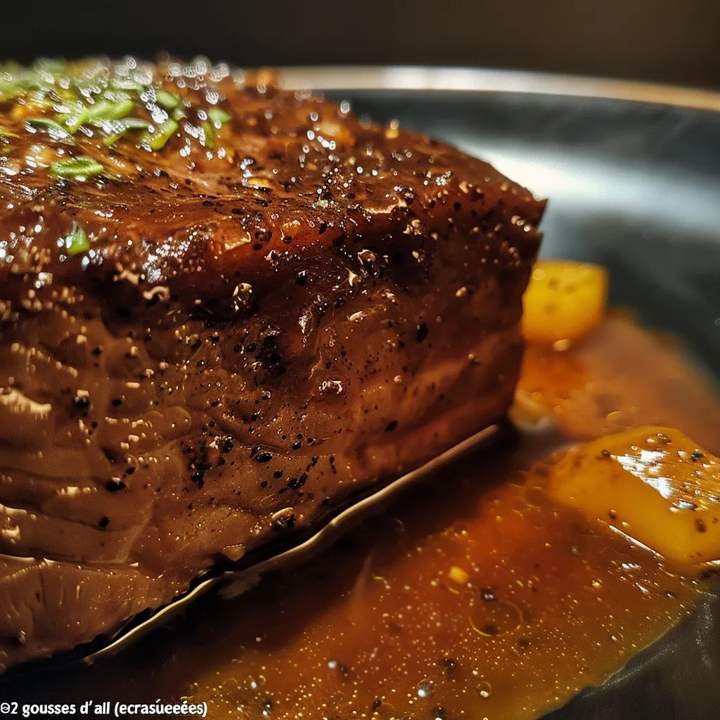 Seitenansicht von zartem Rindfleisch in einer Cocotte, serviert mit hausgemachter BBQ-Sauce.