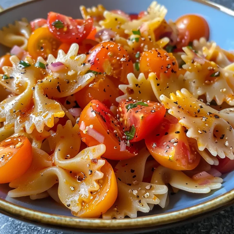 Nahaufnahme einer Schüssel mit Bow Tie Pasta Salad, bunt belegt mit frischem Gemüse.
