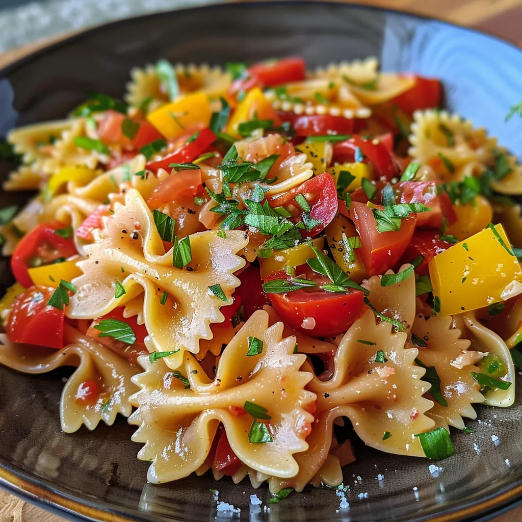 Bow Tie Pasta Salad in einer Schüssel, sichtbar mit Kirschtomaten und Gurkenwürfeln.