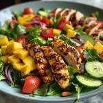 Nahaufnahme eines bunten Mango-Hühnchensalats in einer Schüssel.