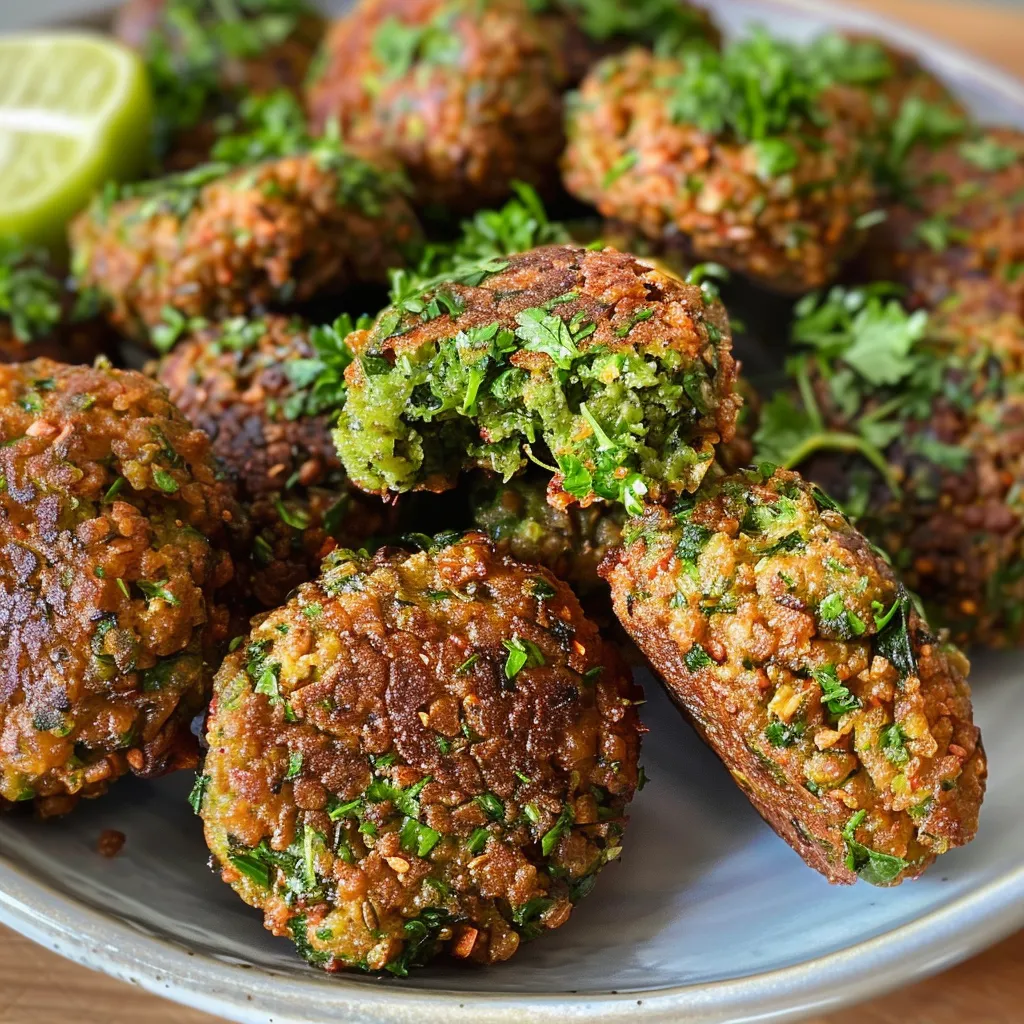 Seitenansicht eines frisch zubereiteten Falafels mit Zutaten im Hintergrund.