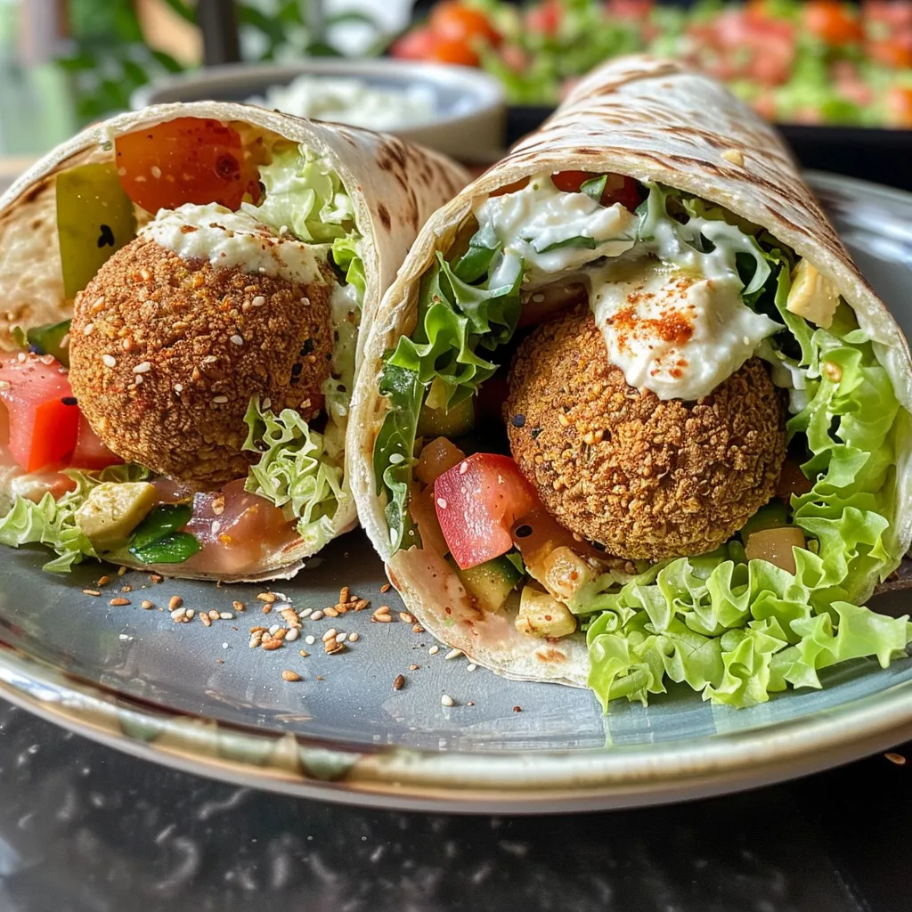 Seiteansicht eines saftigen Falafel-Wraps auf einem Teller.