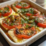 Nahaufnahme eines köstlichen Feta-Gerichts mit Tomaten und Oliven.