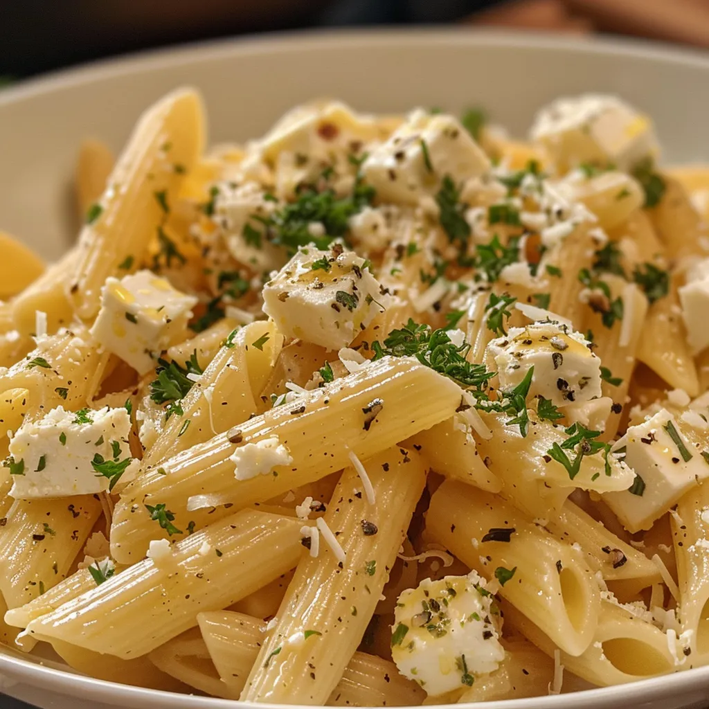 Seitenansicht einer köstlichen gebackenen Feta Pasta mit frischen Zutaten.