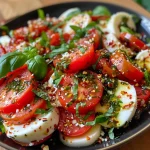 Nahaufnahme eines köstlichen Feuriger Tomaten Mozzarella Salats mit frischem Basilikum.