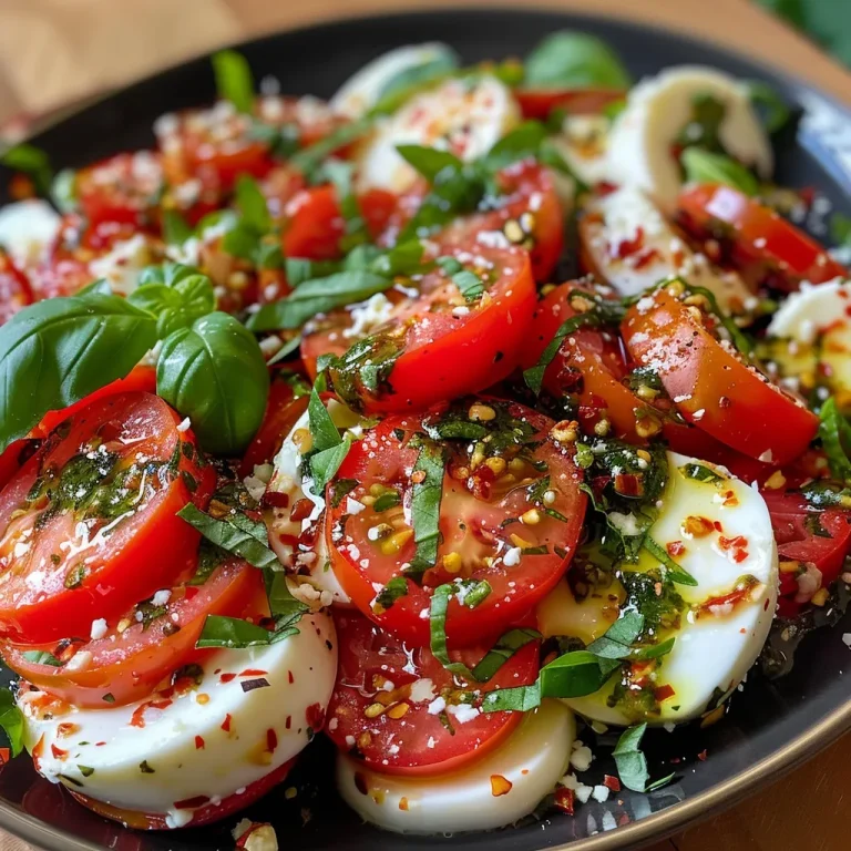 Feurige Frische: Tomaten-Mozzarella-Salat mit dem gewissen Etwas Nahaufnahme eines köstlichen Feuriger Tomaten Mozzarella Salats mit frischem Basilikum.