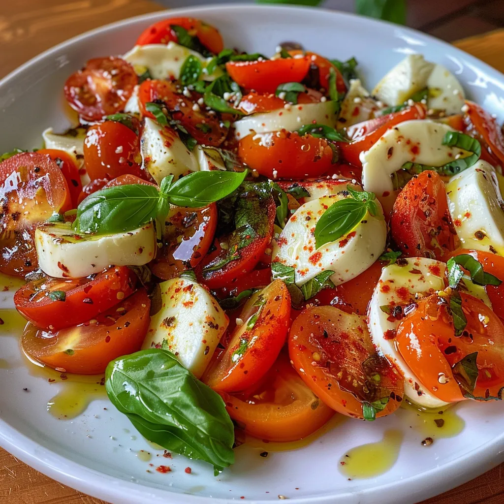 Seiteansicht eines bunten Salats mit Rispentomaten, Mini-Mozzarella und aromatischen Gewürzen.