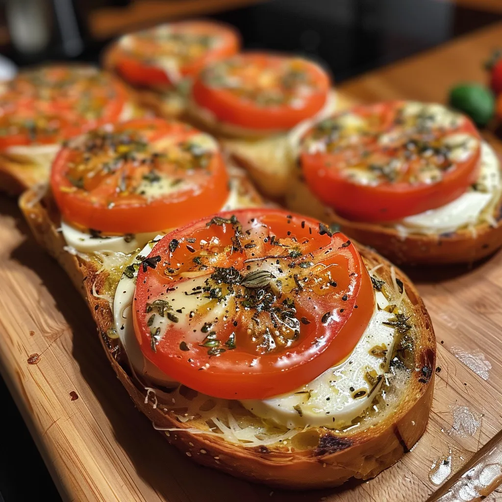 Seiteansicht von Fladenbrot, belegt mit Tomaten und Mozzarella-Käse.