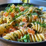 Nahaufnahme eines bunten Frühlings-Pasta-Salats mit frischen Zutaten.