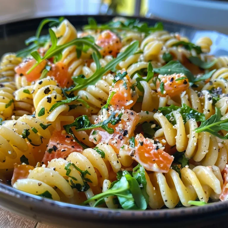 Nahaufnahme eines bunten Frühlings-Pasta-Salats mit frischen Zutaten.