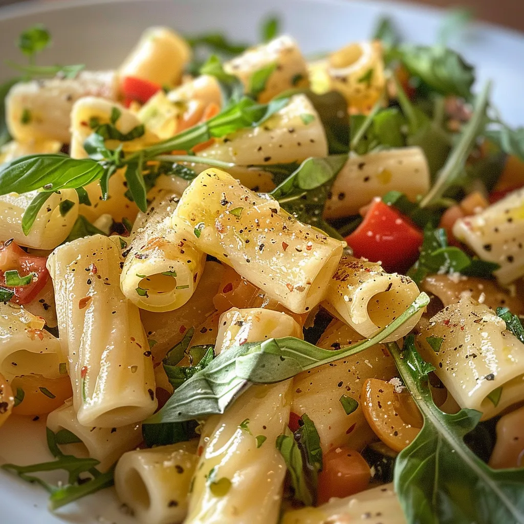Bechichteter Pasta-Salat mit Spargel, Erbsen und Kichererbsen.