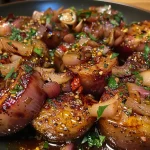 Nahaufnahme von knusprigen Garnelen mit Knoblauch und Zitrone.