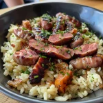 Nahaufnahme von gebratenem Reis mit buntem Gemüse und Ei auf einem Teller.