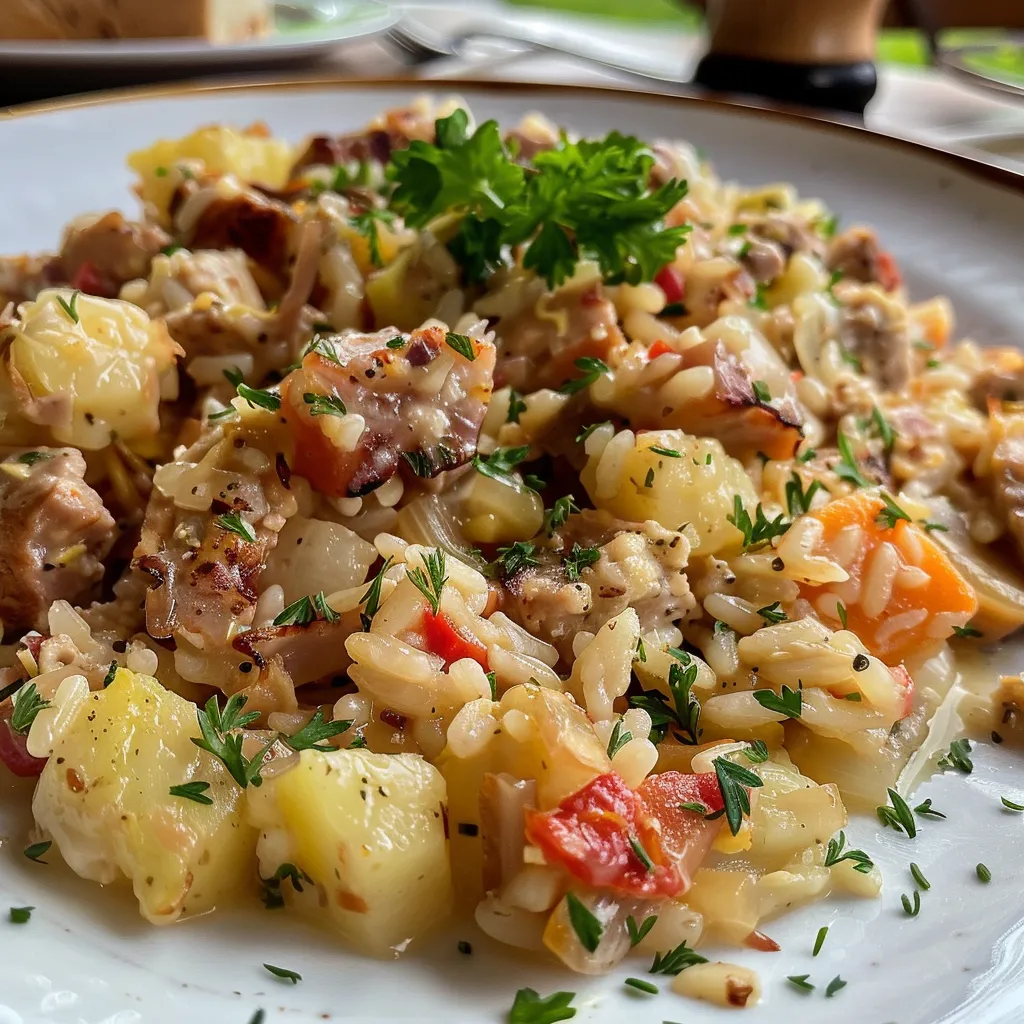 Detailaufnahme von Gebratenem Reis mit Zwiebeln, Karotten und Frühlingszwiebeln.