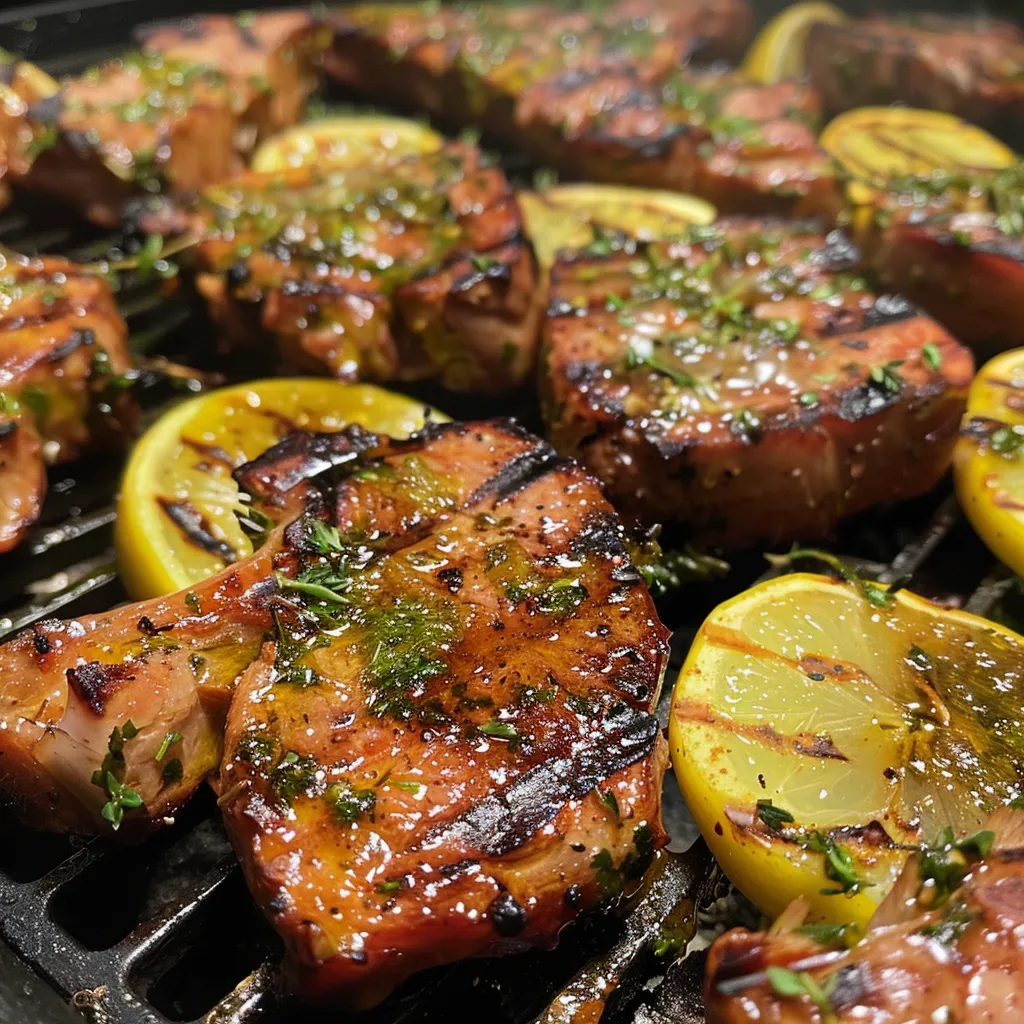 Nahaufnahme von knusprigen Hähnchenstücken mit Zitronenscheiben.