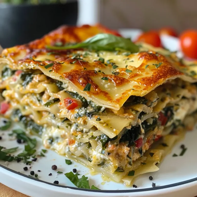 Nahaufnahme einer saftigen Gemüse-Lasagne mit Spinat, auf einem Teller serviert.