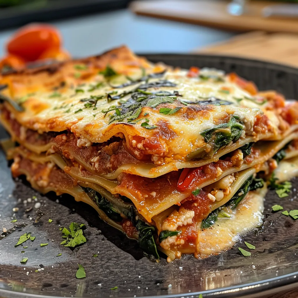 Gemüse-Lasagne mit Spinat in einem rustikalen Ambiente, von der Seite fotografiert.