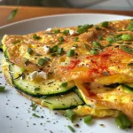Eine saftige Gemüseomelette mit Zucchini, Paprika und Zwiebeln, seitlich aufgenommen.