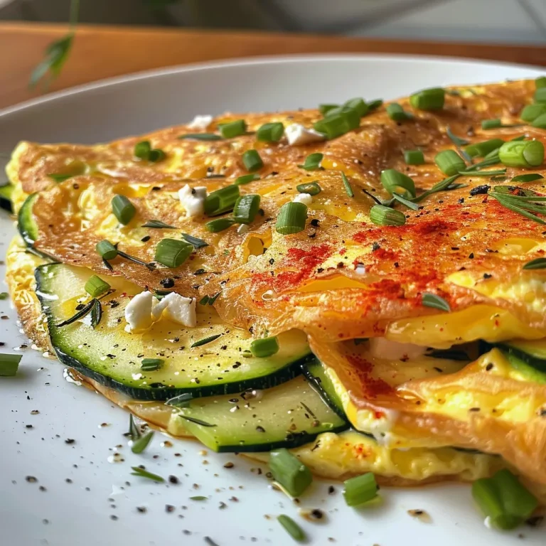 Eine saftige Gemüseomelette mit Zucchini, Paprika und Zwiebeln, seitlich aufgenommen.