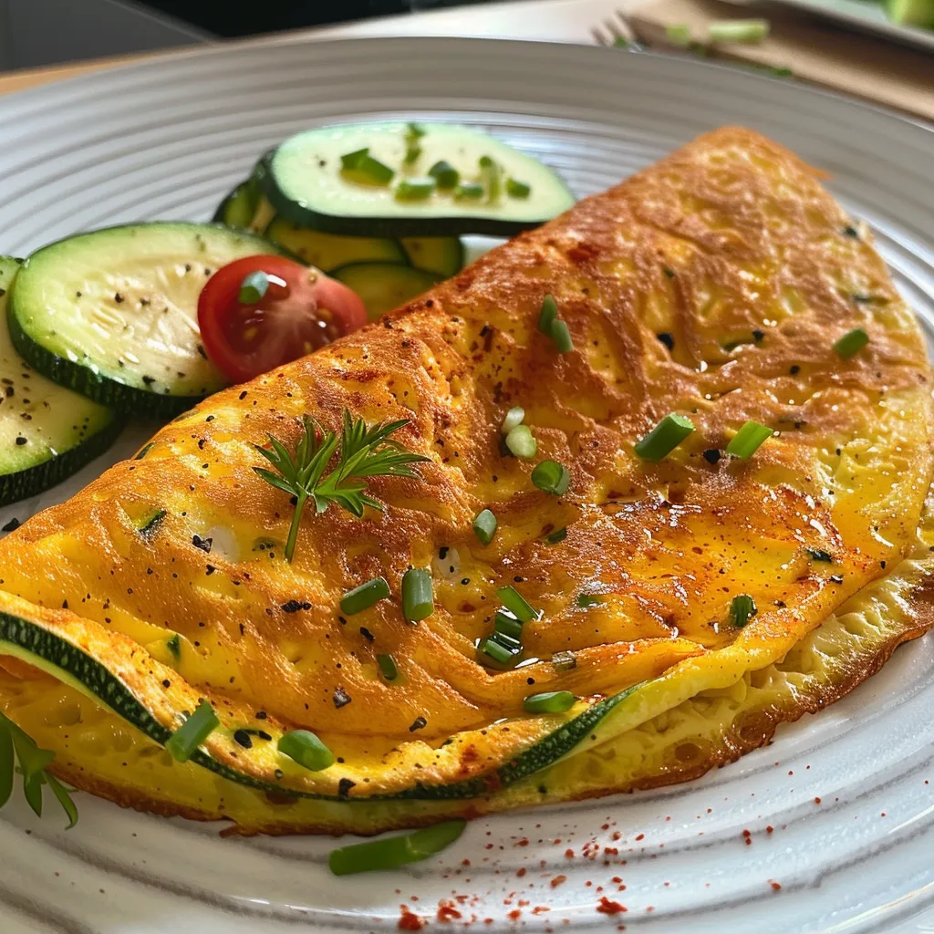 Seitenansicht einer frisch zubereiteten Gemüseomelette, die leicht glänzt.
