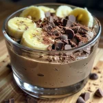 Nahaufnahme einer veganen Schoko-Bananen-Mousse in einer Schüssel.